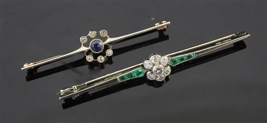 A 1930s 18ct gold and platinum, emerald and diamond cluster bar brooch, 1.75in.